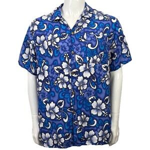 Vintage Hawaiian Shirt‎ Banana Split XL Hibiscus Floral Blue White Rayon Aloha